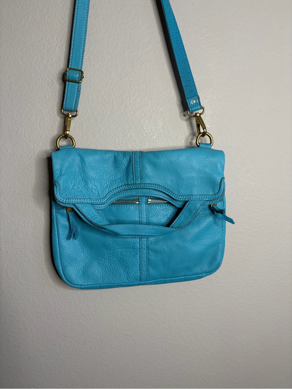 FOSSIL Erin blue Pebble Leather Shoulder Crossbody Bag Purse turquoise large